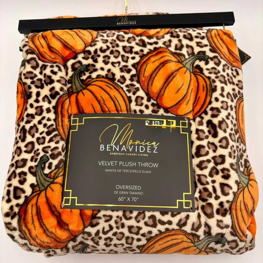 Monica Benavidez Autumn Velvet Plush Throw Blanket Leopard Pumpkin Oversized